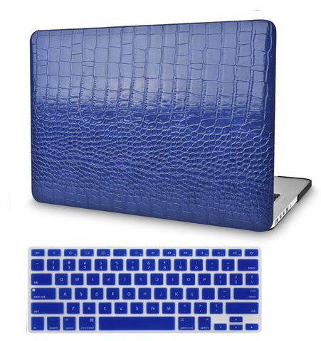 KECC Macbook Case with Cut Out Logo + Keyboard Cover Package |  Navy Crocodile Leather