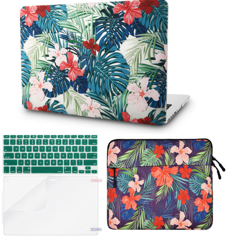KECC Macbook Case with Cut Out Logo + Keyboard Cover, Screen Protector and Sleeve Package | Floral Collection - Palm Leaves Red Flower