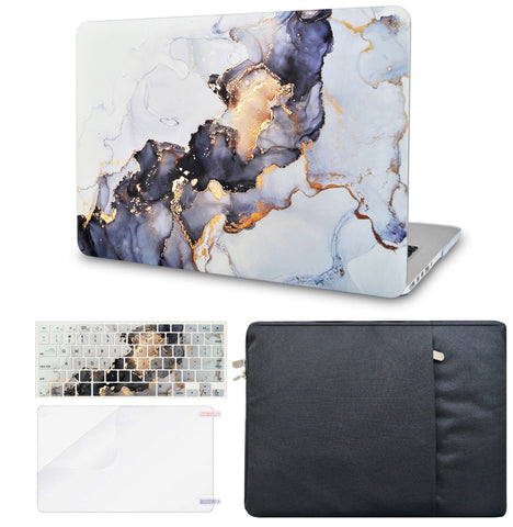 KECC Macbook Case with Cut Out Logo + Keyboard Cover, Screen Protector and Sleeve Package |  White Marble Blue Gold