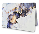 KECC Macbook Case with Cut Out Logo + Keyboard Cover and Screen Protector Package | White Marble Blue Gold