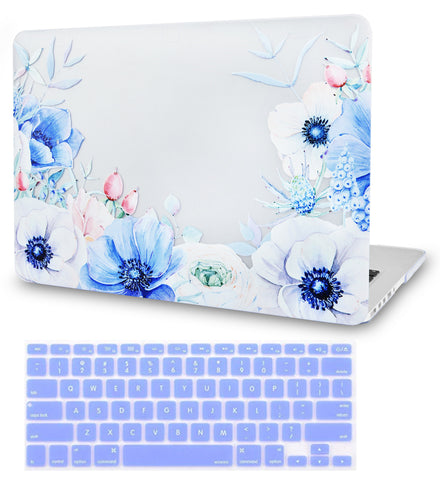 KECC Macbook Case with Cut Out Logo + Keyboard Cover Package | Color Collection -Blue and White Poppy with Keyboard Cover