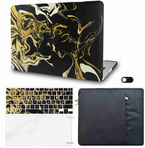 KECC Macbook Case with Cut Out Logo + Keyboard Cover, Screen Protector and Sleeve Sleeve Bag and Webcam Cover|Black Gold