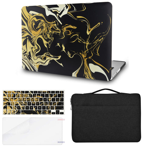 KECC Macbook Case with Cut Out Logo + Keyboard Cover, Screen Protector and Sleeve Bag |Black Gold