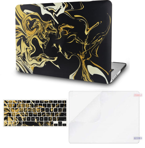 KECC Macbook Case with Cut Out Logo + Keyboard Cover and Screen Protector Package | Black Gold