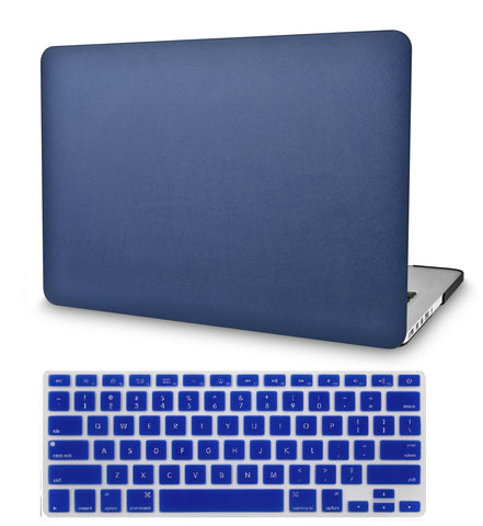 KECC Macbook Case with Cut Out Logo + Keyboard Cover Package | Navy Blue Leather