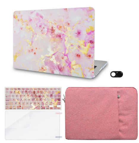KECC Macbook Case with Cut Out Logo + Keyboard Cover, Screen Protector and Sleeve Sleeve Bag and Webcam Cover |Pink Marble Gold Mist
