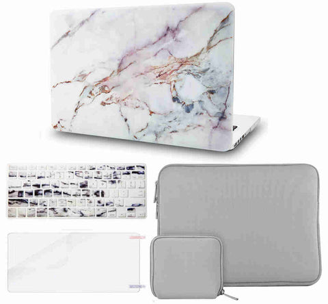 KECC Macbook Case with Cut Out Logo + Keyboard Cover + Slim Sleeve + Screen Protector + Pouch |White Marble 4