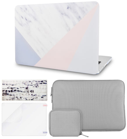 KECC Macbook Case with Cut Out Logo + Keyboard Cover + Slim Sleeve + Screen Protector + Pouch |White Marble with Pink Grey